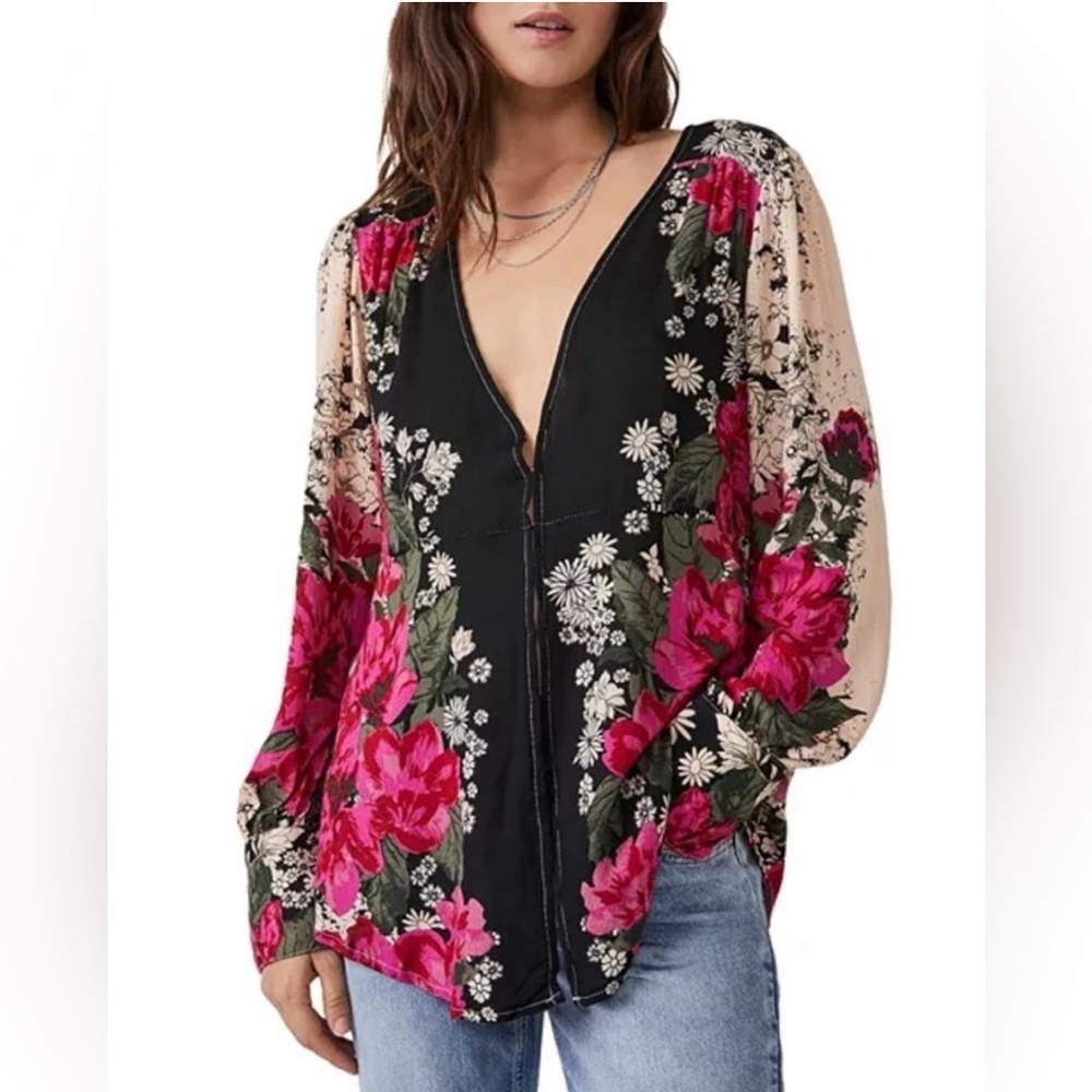 Free People Womens XS Twilight Combo Floral V-Neck Mikayla Tunic Blouse
